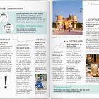 **Texte:** Direkt ankommen, Fragen? Wünsche? Ideen? ANKUNFT, WAS NUN, STARTKLAR, ÜBERBLICK, EINTAUCHEN, AUFATMEN.   
**Beschreibung:** Links sind Porträts zweier Personen mit Kontaktinfos. Rechts oben ein Foto eines historischen Gebäudes. Unten rechts ein Getränk.