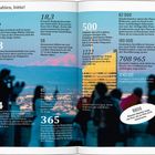 Zahlen über Lyon: 2 Flüsse, 3 Bahnhöfe, 4 Stadtviertel, 62.000 Quadratmeter Platz, 10.453.000 Flughafenpassagiere. Silhouetten im Vordergrund.