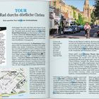 TOUR Per Rad durchs dörfliche Chelsea. Infos: Start/Ziel: U-Bahn-Station Sloane Square. Text beschreibt eine Fahrradtour. Links Karte. Rechts Foto einer Straße mit Radfahrer.