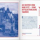 "Die Geister von Burg Eltz – Eine mittelalterliche Tragödie." Links Burg, rechts Ritterillustration und Geist; Text über Liebestragödie.