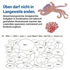 Überschrift: "Üben darf nicht in Langeweile enden." Aufgaben zum Meer. Illustrierter Tintenfisch und Koralle.