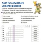 Texte: „Auch für schwächere Lernende passend“, Aufgaben zu einem Kreuzworträtsel mit Wörterliste, Illustration eines Tieres mit Pokal.
