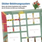 Sticker-Belohnungssystem, wenn alle Seiten bearbeitet sind, ergeben die 65 Sticker ein Bild zum Aufhängen. Illustrationen mit Tulpen und einem Regal.