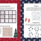 Texte: Kreuzwortpuzzle, Frühstücksrätsel, Slalom, Ringwörter. 

Illustration von Puzzles: Kreuzworträtsel, Frühstücksmotive, Slalomdiagramm, Bienenwabenstruktur.