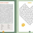 "Wordsuchrätsel Achtsamkeit", "Labyrinth", Begriffe wie "Bewusstsein", "Ruhe", "Klarehit". Links Wortsuchrätsel, rechts herzförmiges Labyrinth mit Pflanzenillustrationen.