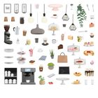 Text "Good Vibes". Illustration von Café-Utensilien, Gebäck, Pflanzen, Geschirr, Beleuchtung und Taschen.