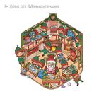 Text: "Im Büro des Weihnachtsmanns". Illustration von Elfen im Weihnachtsoffice mit Geschenken, einem Kamin und dem Weihnachtsmann.