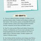 "Einkaufszettel" und "So geht's" Rezepttext. Türkiser Hintergrund mit gepunktetem Muster.