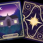 "Hütte" ist im Text. Links eine Hütte bei Nacht, rechts ein dekoratives Kartendesign mit Sternmotiv.