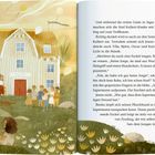 Der Text beschreibt, wie fünf Kullerö-Kinder und Jennie Fackeln tragen. Links ist eine Illustration eines Hotels mit spielenden Kindern.