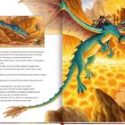 Marvin, Lenny und Cleo halten den Atem an. Ein blauer Drache fliegt über eine leuchtend gelbe Vulkanlandschaft mit drei Reitern.