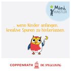 „... wenn Kinder anfangen, kreative Spuren zu hinterlassen.“ Logo „Mini Künstler“ mit einer bunten Eule darunter.