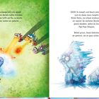 Links: "Furzipups und Lulu speien gegen Bärbels kaltes Schreien..." Rechts: "ZISCH! Es dampft und Rauch..." Eine bunte Illustration von Figuren, die Feuer und Eis nutzen.