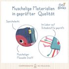 "Kleines Stoffbuch mit fröhlichem Oktopus, ideal für Kinder: Größe ca. 10 cm, Logo von Cosy Books oben rechts."