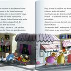 Zwei Seiten mit Text, darunter eine Illustration von Leuten, die durch eine Stadt laufen, umgeben von Gebäuden und Cafés.