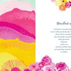 "Was Glück ist. Wirkliche Freundschaft ist, in der Hollywoodschaukel zu sitzen..." Rechte Seite Text, linke bunte Blumen.