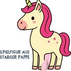 "SPIELFIGUR AUS STABILER PAPPE" steht neben einem niedlichen, pastellfarbenen Einhorn mit rosa Mähne und Schwanz.