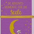 "24 Advents-Momente für die Seele" steht in goldener Schrift auf lila Hintergrund, verziert mit Sternen und einem Mond.