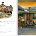 Maria trägt das Baby, Josef hält einen Korb, ein Esel steht daneben. Landschaft im Hintergrund bei Sonnenaufgang.