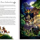 Illustration zu "Die Bremer Stadtmusikanten". Esel, Hund, Katze, Hahn; Tiere aufeinander vor Räuberhaus, Mondschein im Hintergrund.