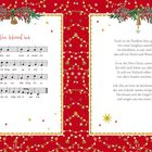 "Vom Himmel hoch" - Noten und Text. Weihnachtlich rote Seite, dekoriert mit Sternen und Glocken. Seitenzahlen 42, 43.