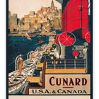 CUNARD U.S.A. & CANADA. Ein historisches Schiffsplakat, das einen Ozeandampfer vor einer Stadt zeigt.