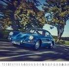 4, Kalender mit April-Tagen. Ein klassisches blaues Auto fährt auf einer Landstraße, umgeben von Bäumen.
