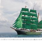 Kalender mit Monatsübersicht: Juni, Tage darunter. Bild eines Segelschiffs mit vielen weißen Segeln und Masten.