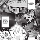 Texte: "Ein immer wiederkehrender Albtraum...", "Die Person in diesem Traum...", "Steig nicht aus!", "Ahhh". Illustration eines Filmszenarios mit Filmband und Straße.