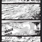 Text "RAUSCH RAUSCH". Es ist eine Schwarzweiß-Manga-Illustration mit einer Flusslandschaft und einer Brücke.