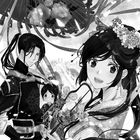 Eine Manga-Illustration zeigt drei Personen in eleganter Kleidung, mit Details wie Blumen und einem dekorativen Schirm im Hintergrund.