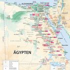 Eine Karte von Ägypten mit Städten, Flüssen und Sehenswürdigkeiten. Text: "ÄGYPTEN", "KAIRO", "ALEXANDRIA".