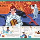 Titel: "Beobachte einen Vulkanausbruch wie Katia Krafft". Darunter eine Illustration einer Person in Schutzkleidung mit Vulkanhintergrund.