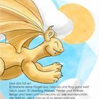 Text: "Und das tat er! Er breitete seine Flügel aus, hob ab...". Illustration: Ein gelber Drache mit großen Flügeln fliegt am Himmel.