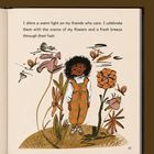 Text: "I shine a warm light on my friends who care. I celebrate them with the scents of my flowers and a fresh breeze through their hair." Illustration: Ein Kind in einem Blumengarten.