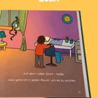Text: "ZULA", "Auf dem vollen Stuhl - nada. Also gehe ich in jeden Raum, um es zu suchen." Illustration: Kind in Zimmer.