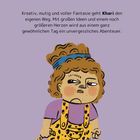 Kreativer Text über Khari, ein mutiges Kind mit Fantasie. Illustration von Khari, lockiges Haar, blaues Stirnband, gelber Latz.