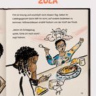 Text oben: "Fitti ist traurig und erschöpft..."
Darunter Illustration: Zwei Kinder am Tisch mit Essen und fröhlich gestikulierend. "ZULA" steht oben.