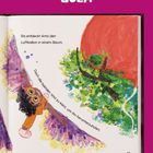 ZULA. Buchseite mit bunter Illustration: Kind in orange, lila Flügel, Baum, roter Ballon. Handlung: Ballon im Baum.