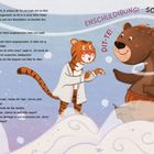 Text auf deutsch. Szene: Ein Tiger und ein lachender Bär. Spiralförmiger Hintergrund mit Schneeflocken.