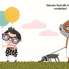 „Wie geht man am besten mit Menschen um?“ Sokrates fand alle Fragen wunderbar! Illustration von Kindern und Sokrates mit Ballons.