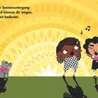 Text: "Und ein strahlender Sonnenuntergang oder dein Lieblingslied können dir zeigen, was Schönheit bedeutet." Illustration: Ein Mann mit Hund, drei fröhliche Kinder, Musiknoten, gelber Hintergrund mit Sonnenstrahlen.