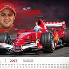 "Felipe Massa", Kalender für April 2027. Roter Ferrari-Rennwagen, Fahrer trägt Helm, lächelndes Porträt im Hintergrund.