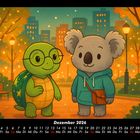"Dezember 2026." Illustrierte Schildkröte mit Brille und Koala in Park mit Lichtern, herbstliche Farben. Kalenderdarstellung.