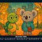 Kalender mit Dezember 2026. Illustration: Schildkröte und Koala in einem erleuchteten Park mit Stadt im Hintergrund.