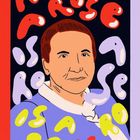 "Rose is a rose is a rose" in bunten, fließenden Buchstaben umrahmt ein Gesicht in einer Illustration.