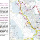 Links steht die Route mit Tipps und Wegbeschreibungen, rechts eine Karte mit gelben und violetten Linien.