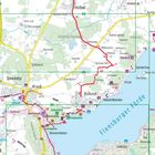 Karte von Flensburg, zeigt Routen und Orte wie Padborg, Kruså und Holbøl. Flensburger Förde markiert. Rote Pfade eingezeichnet.