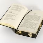 Offenes Buch mit Text über Verlagsinformationen links und Kapitelbeginn rechts, eingebunden in ein florales, schwarz-goldenes Cover.