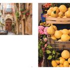 Links: Enge Gasse mit Blumen und altem Holztor. Rechts: Große Zitronen in Kisten, umgeben von Blumen und Blättern.